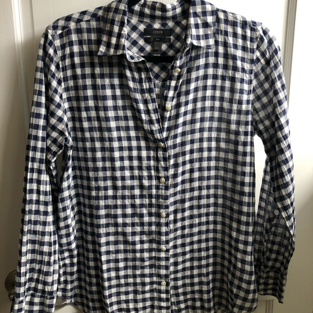 J Crew Classic Boy Shirt Crinkle Gingham Navy 6P